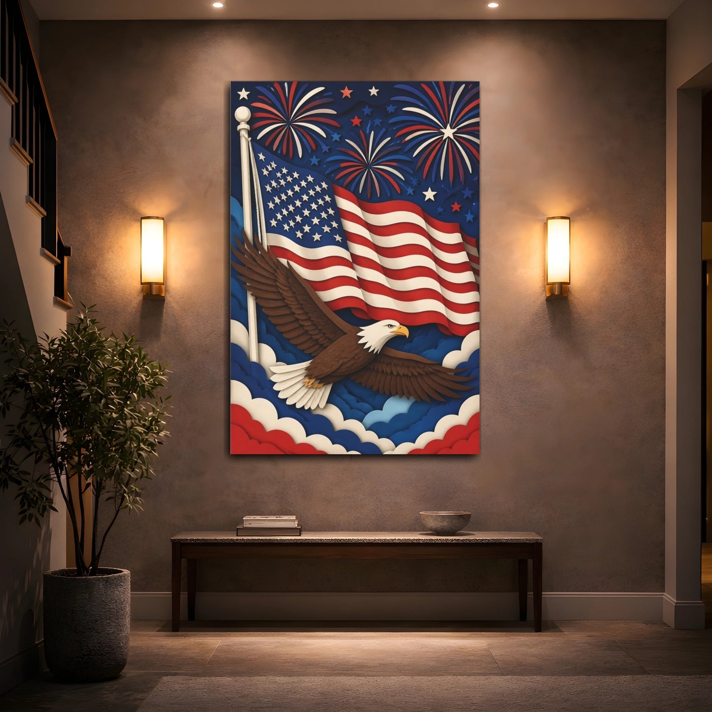 Mockup 2. Paper-Cut Bald Eagle Flag shown as canvas print