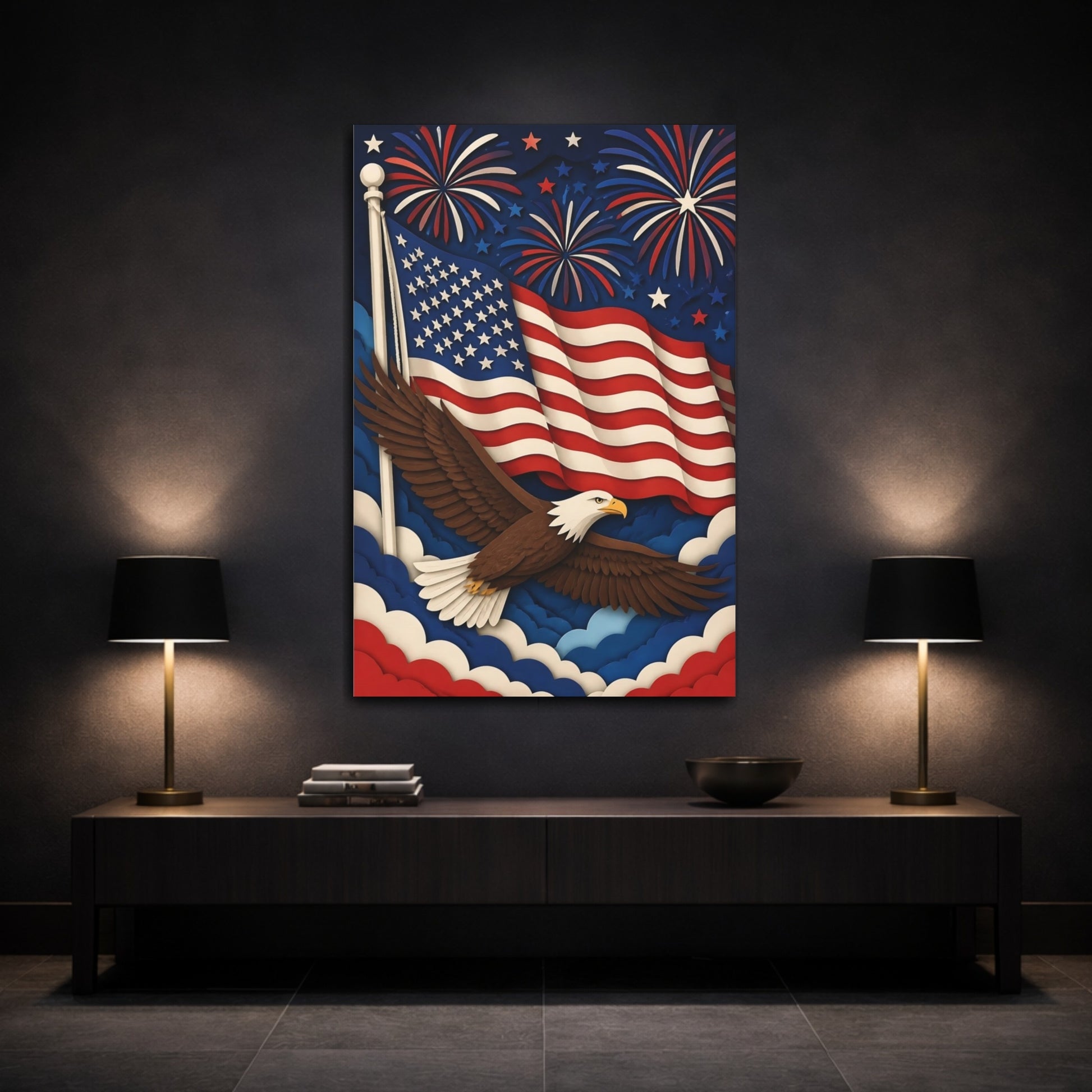 Mockup 3. Paper-Cut Bald Eagle Flag shown as canvas print