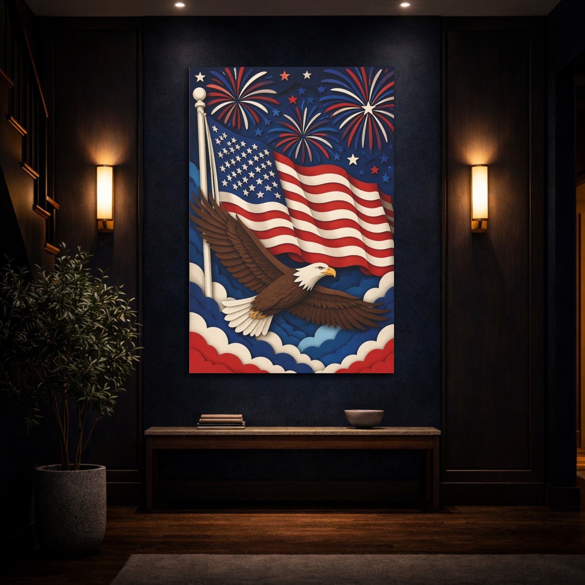 Mockup 4. Paper-Cut Bald Eagle Flag shown as canvas print