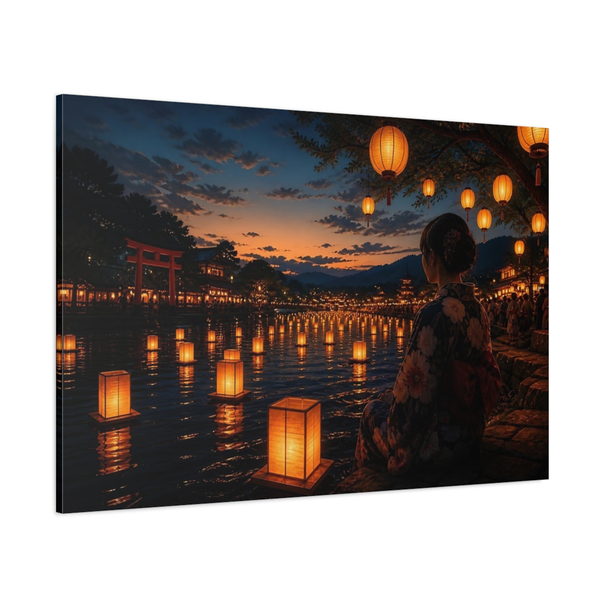 Side Mockup 1. Paper Lantern Festival At Dusk shown as canvas print
