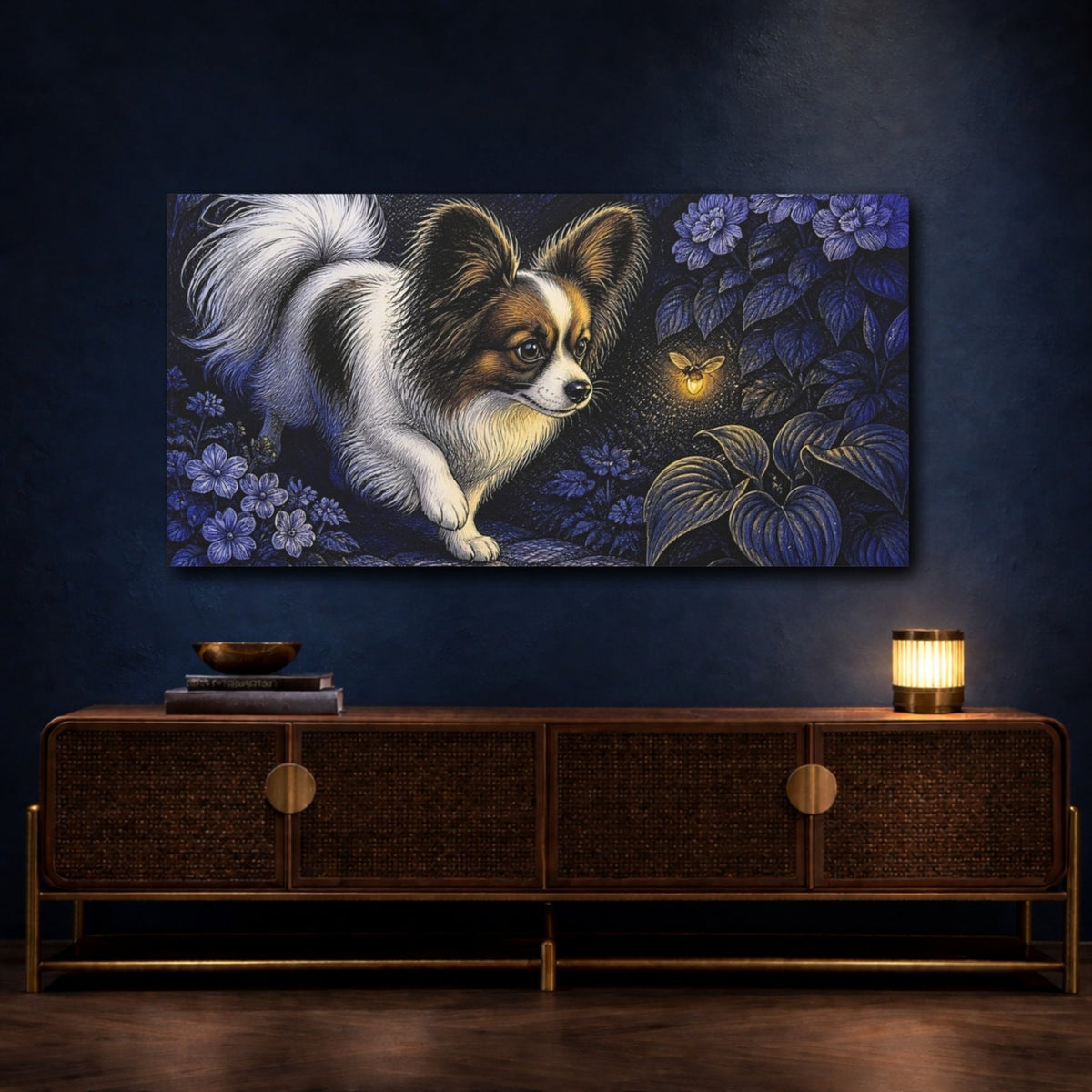 Papillon And Firefly Canvas Print – Living Room, Above Couch, Blue Gold - YesArtYes