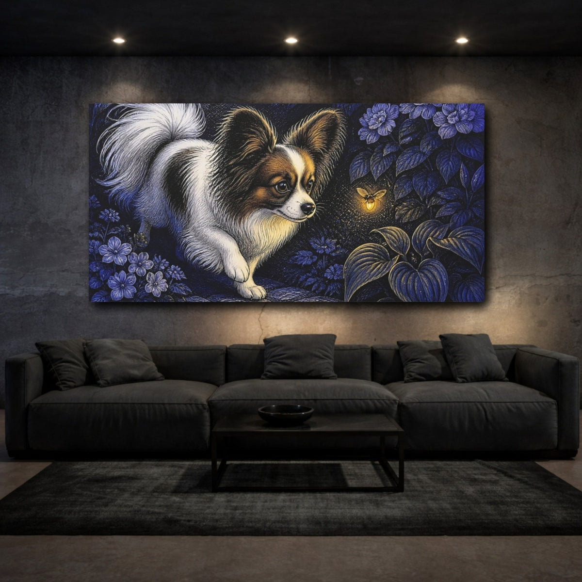 Papillon And Firefly Canvas Print – Living Room, Above Couch, Blue Gold - YesArtYes