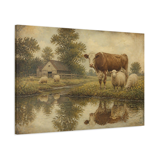 Main Mockup. Pastoral Cow And Sheep shown as canvas print
