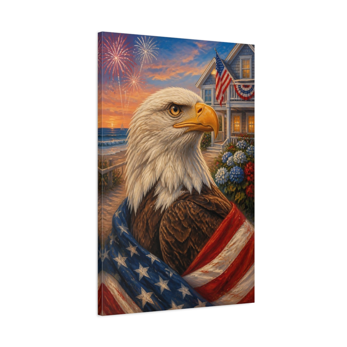 Main Mockup. Patriotic Bald Eagle Portrait shown as canvas print