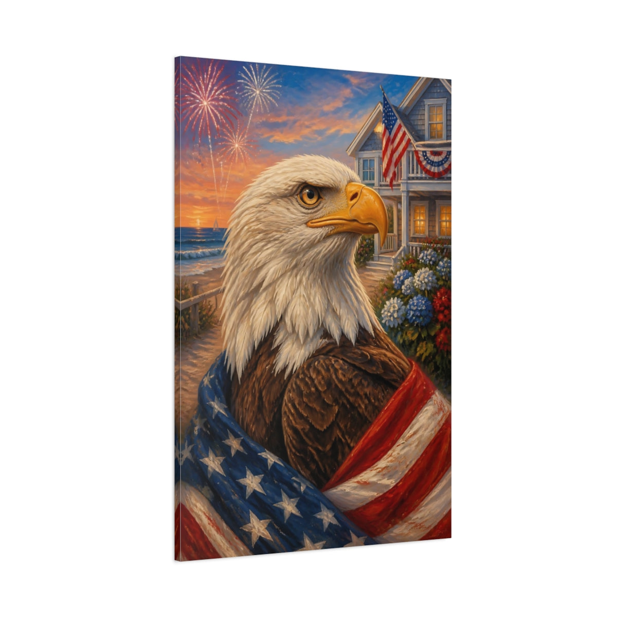 Side Mockup 1. Patriotic Bald Eagle Portrait shown as canvas print
