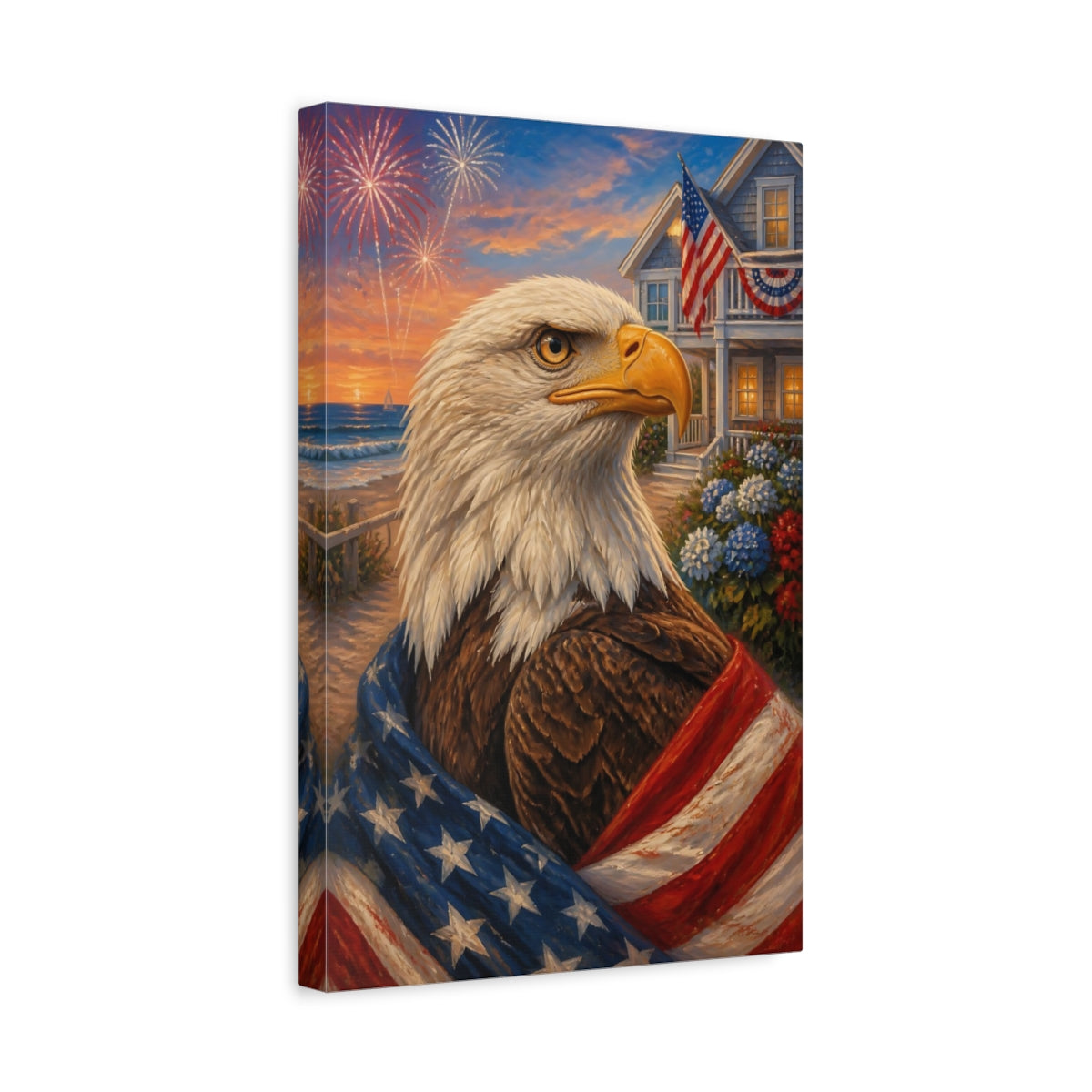 Side Mockup 4. Patriotic Bald Eagle Portrait shown as canvas print