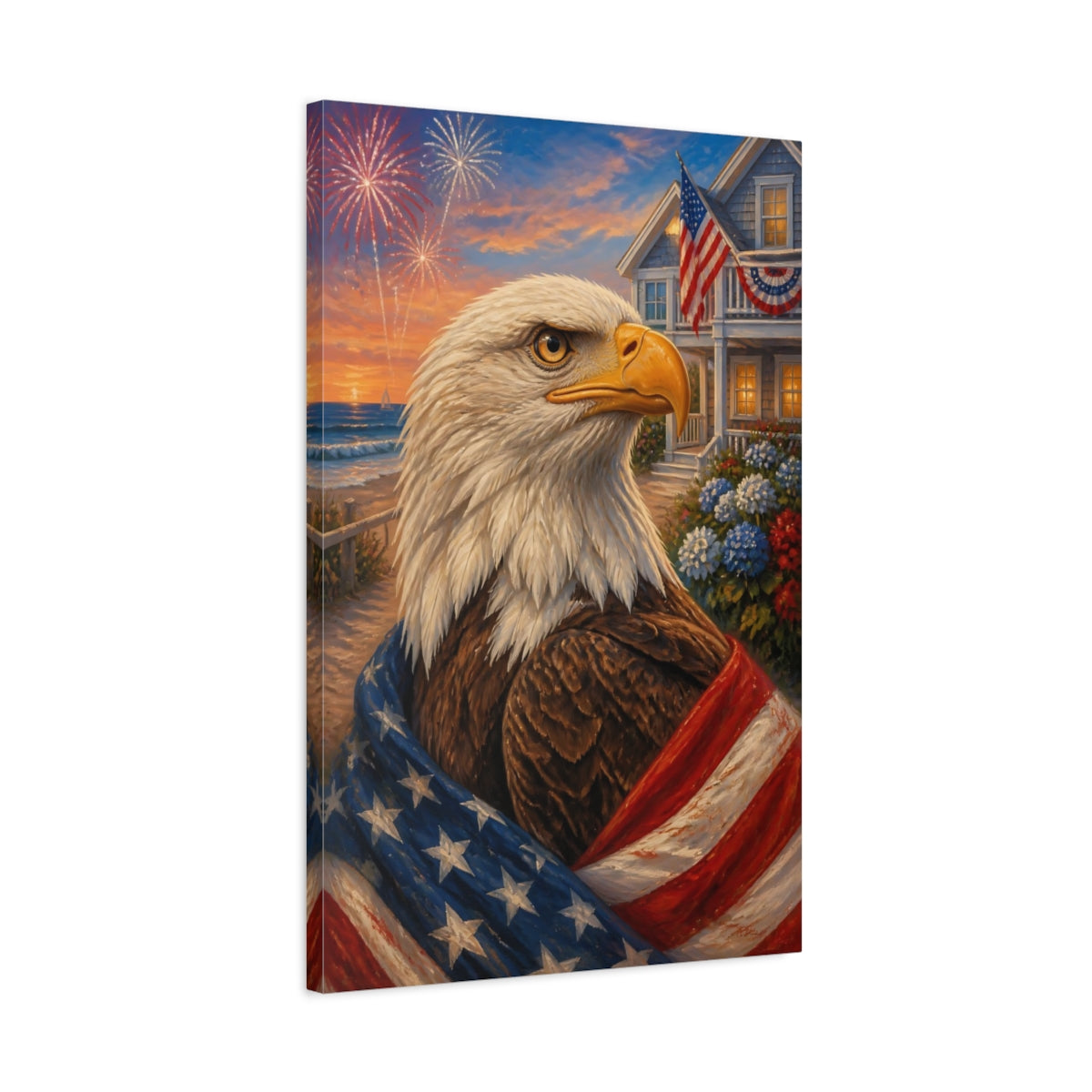 Side Mockup 2. Patriotic Bald Eagle Portrait shown as canvas print