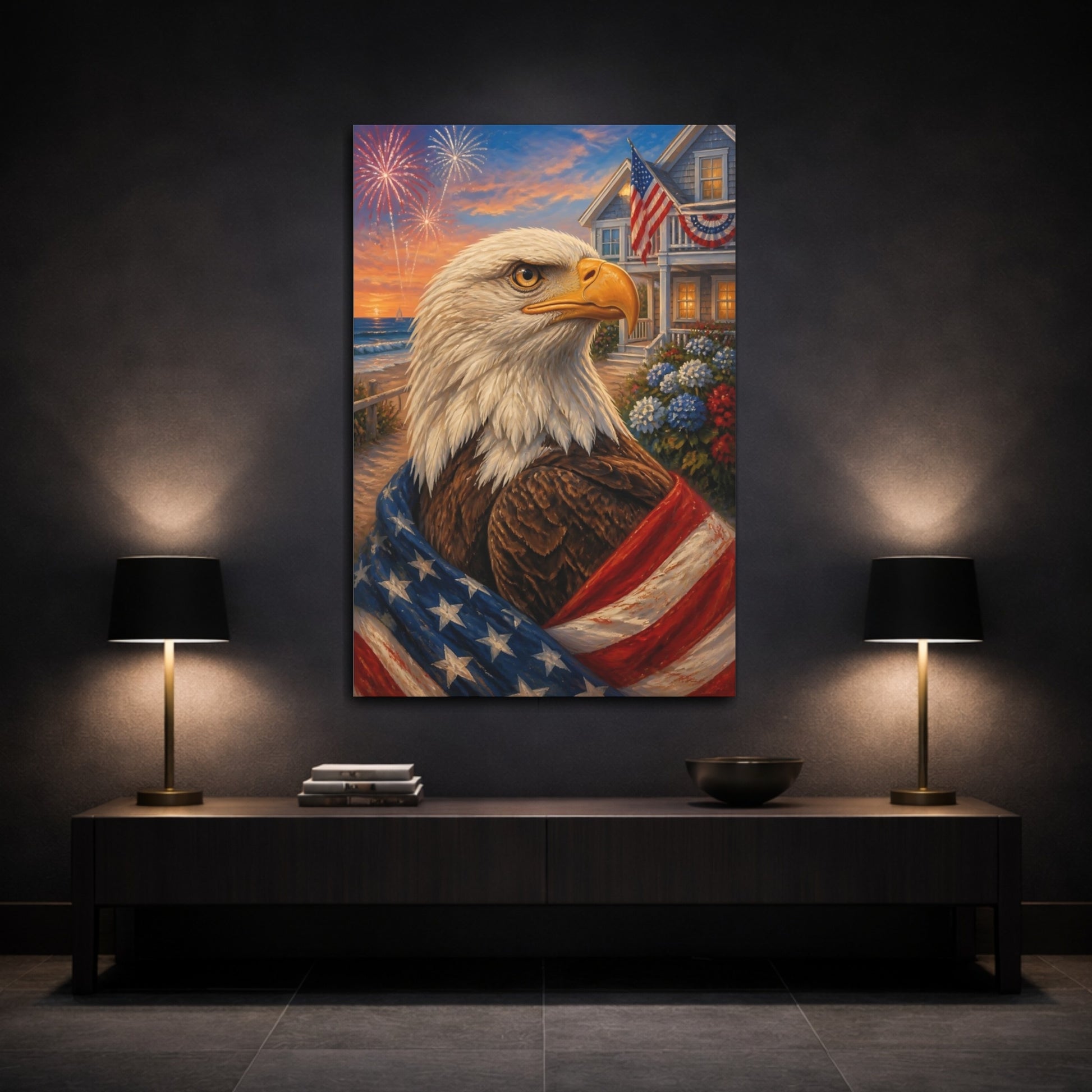 Mockup 3. Patriotic Bald Eagle Portrait shown as canvas print