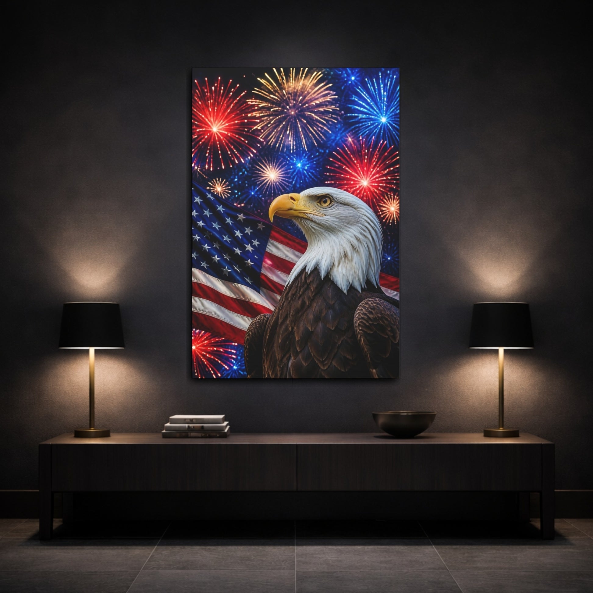 Mockup 3. Patriotic Bald Eagle shown as canvas print