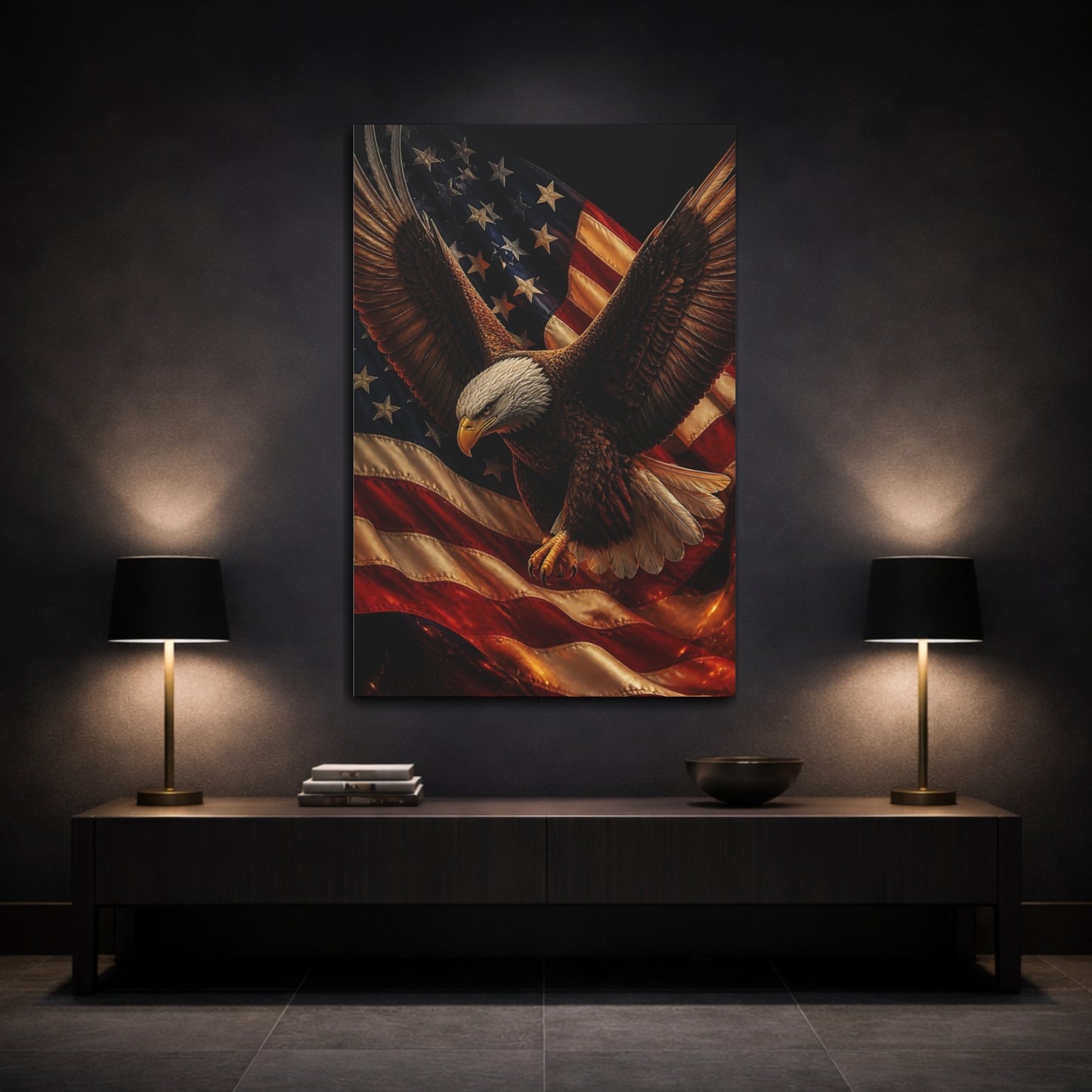 Mockup 3. Patriotic Bald Eagle shown as canvas print
