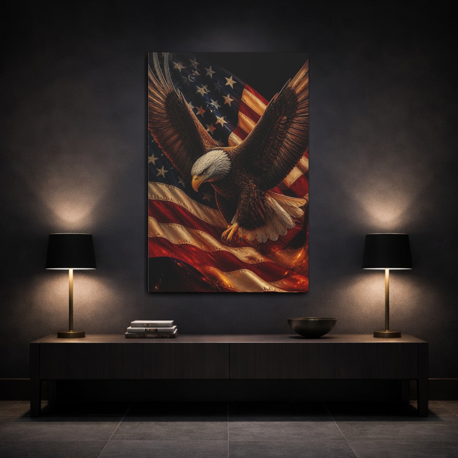 Mockup 3. Patriotic Bald Eagle shown as canvas print