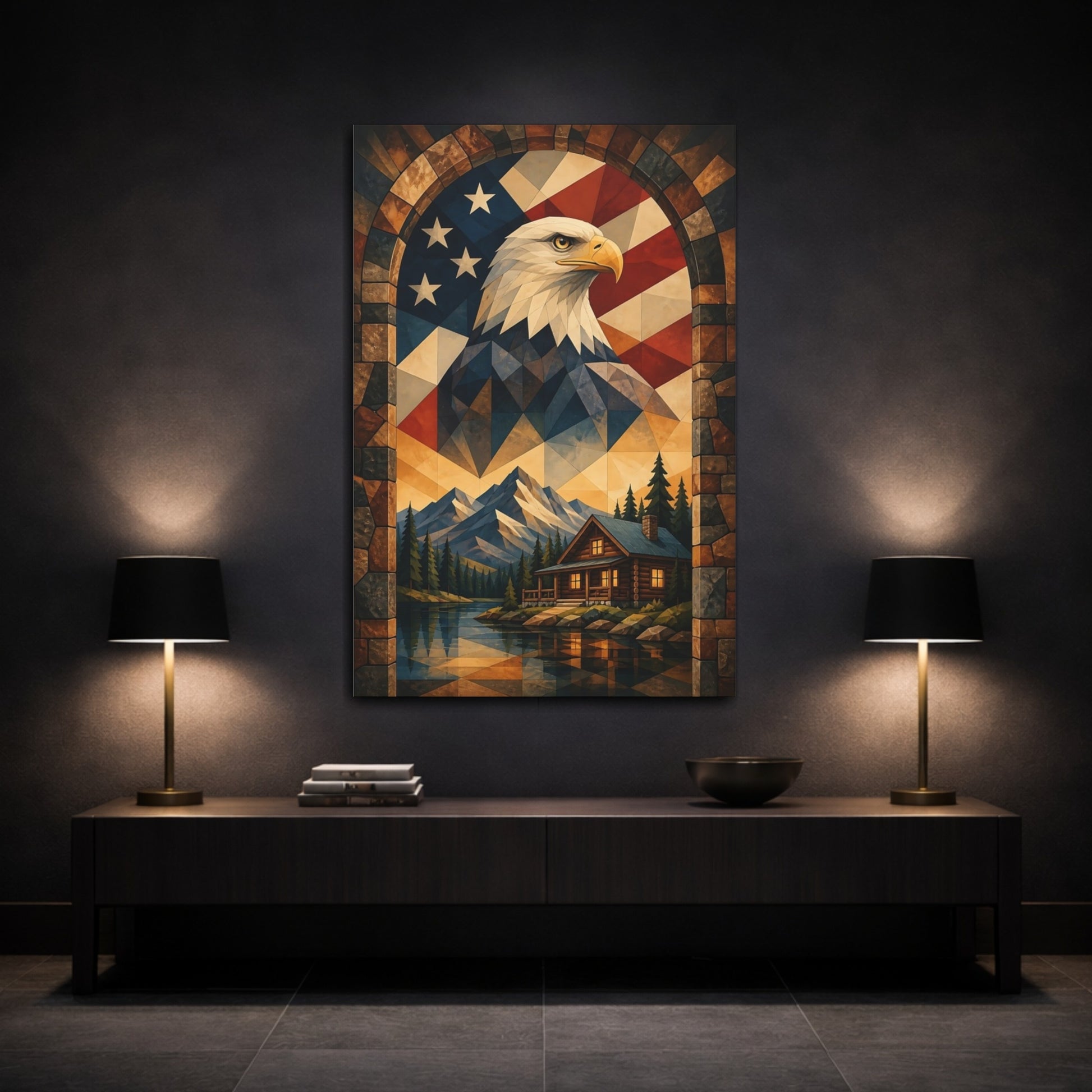 Mockup 3. Patriotic Bald Eagle shown as canvas print