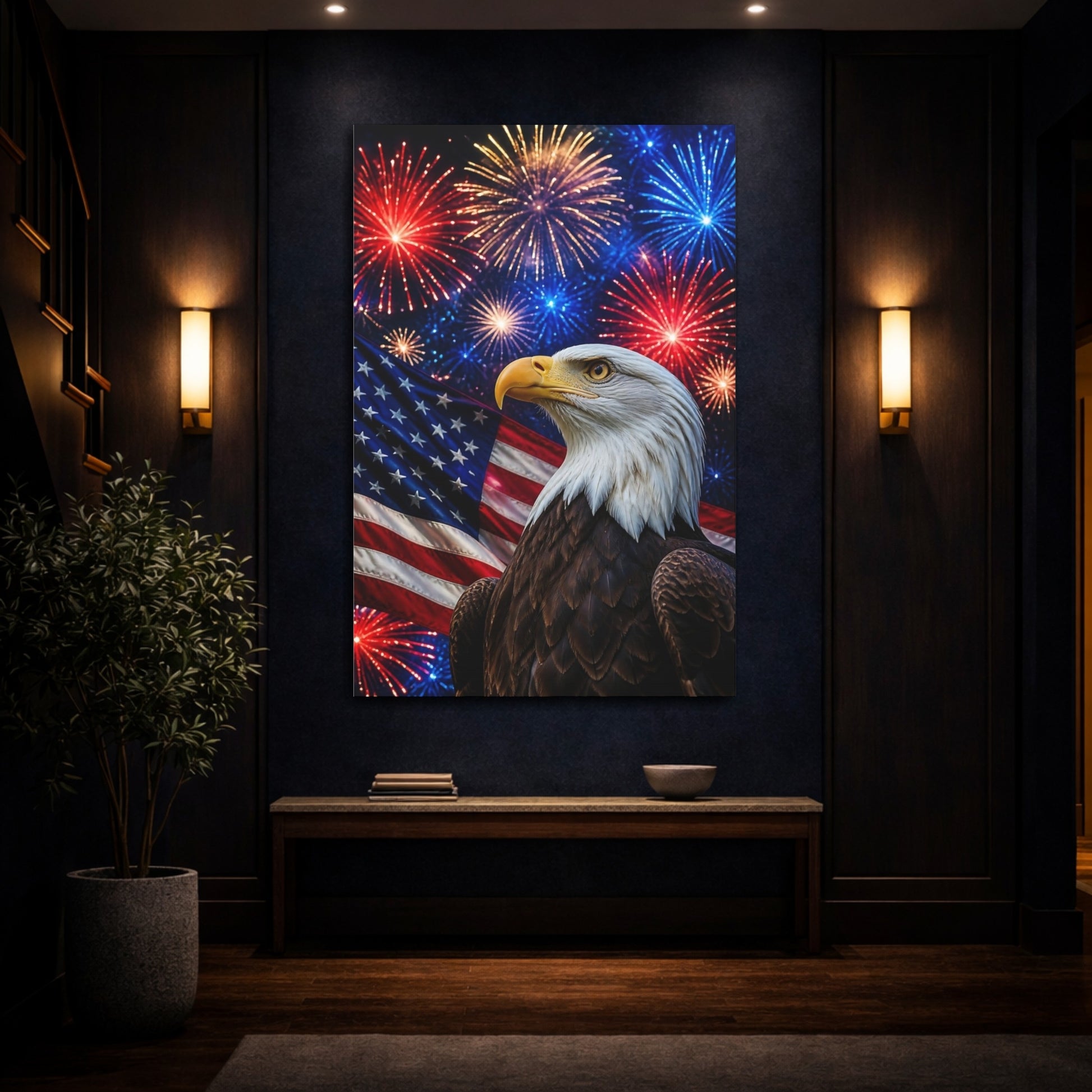 Mockup 4. Patriotic Bald Eagle shown as canvas print