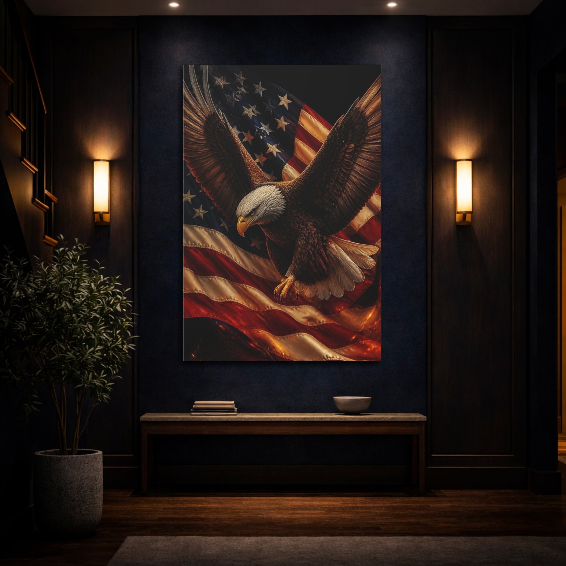 Mockup 4. Patriotic Bald Eagle shown as canvas print