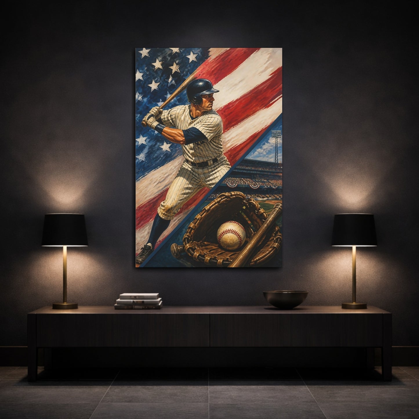 Mockup 3. Patriotic Baseball Batter shown as canvas print