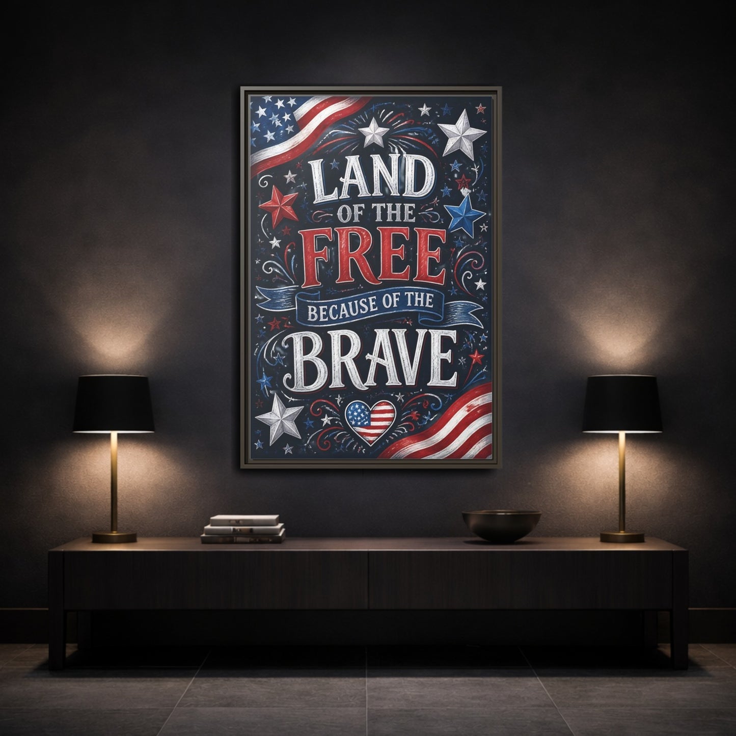 Mockup 3. Patriotic Chalkboard Lettering shown as framed canvas print