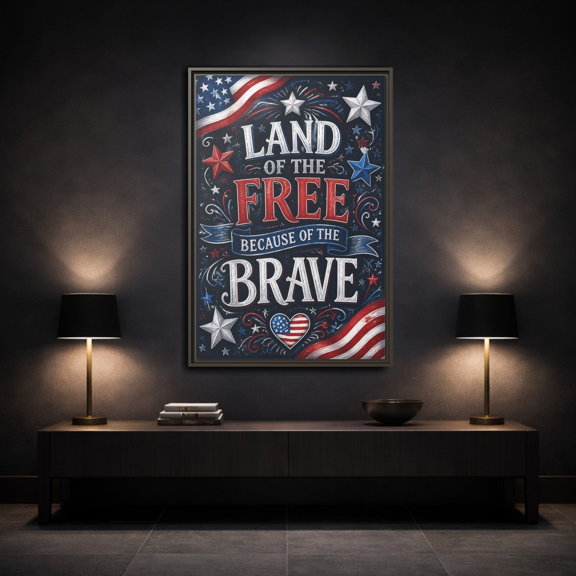 Mockup 3. Patriotic Chalkboard Lettering shown as framed canvas print