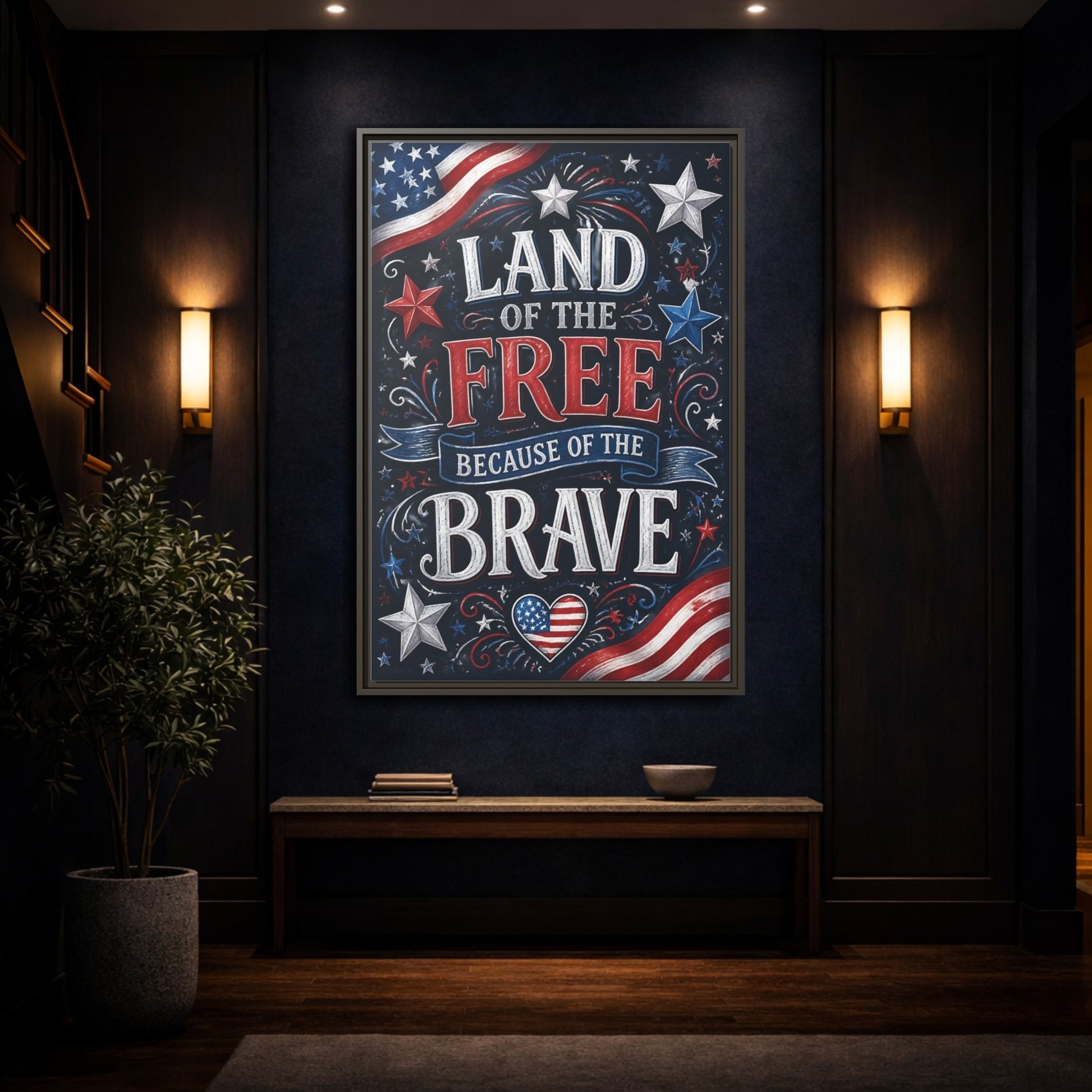 Mockup 4. Patriotic Chalkboard Lettering shown as framed canvas print