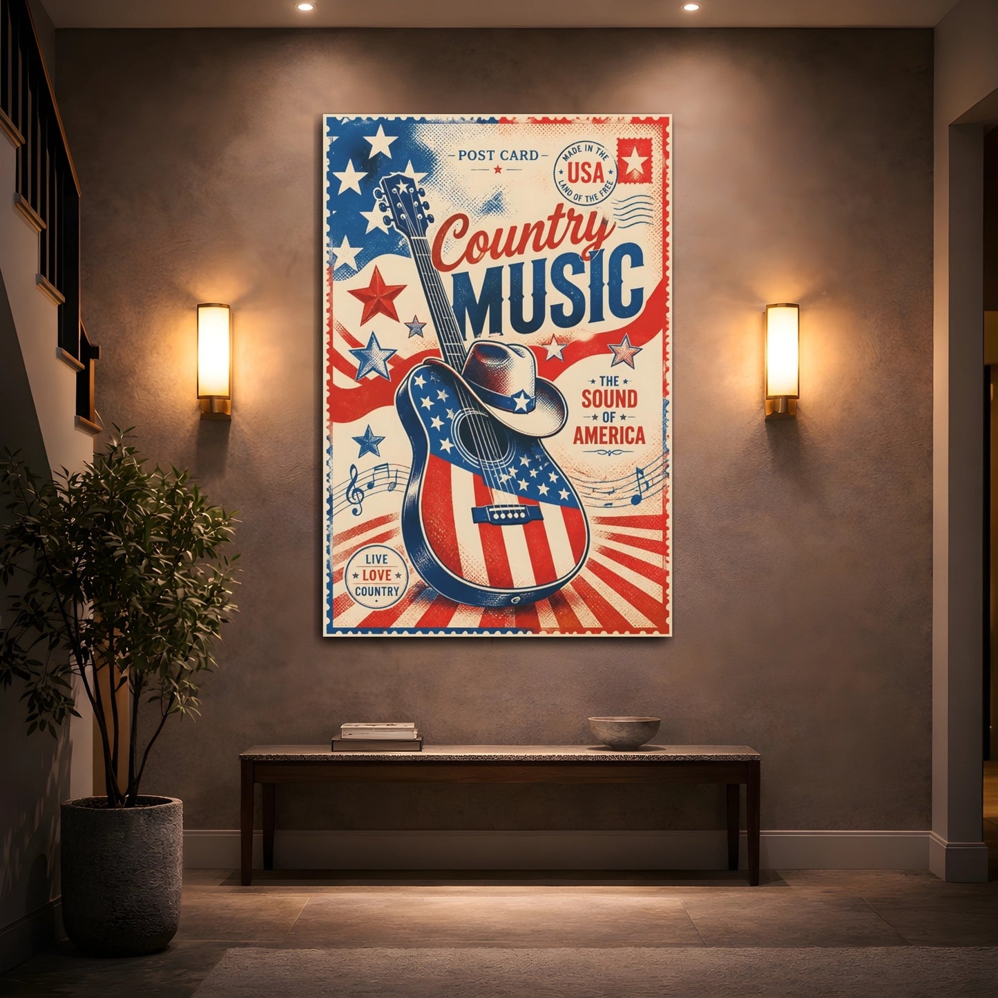 Mockup 2. Patriotic Country Guitar shown as canvas print