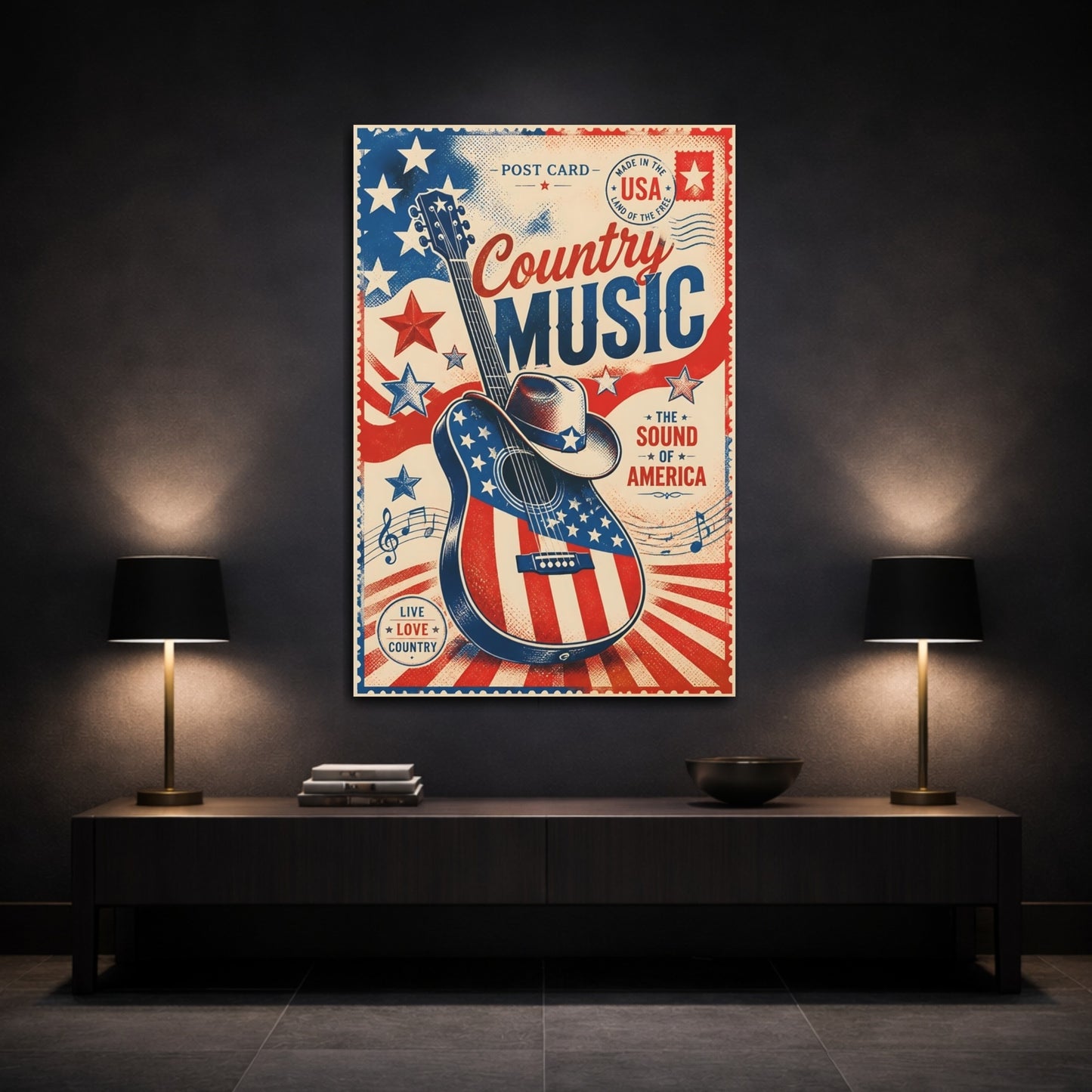 Mockup 3. Patriotic Country Guitar shown as canvas print