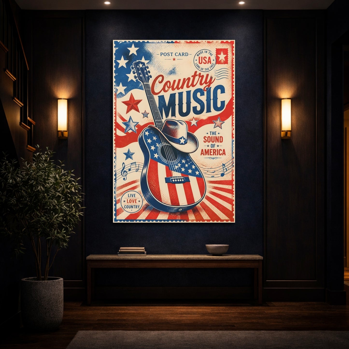 Mockup 4. Patriotic Country Guitar shown as canvas print