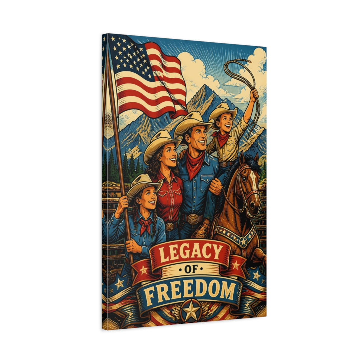 Side Mockup 2. Patriotic Cowboy Family shown as canvas print