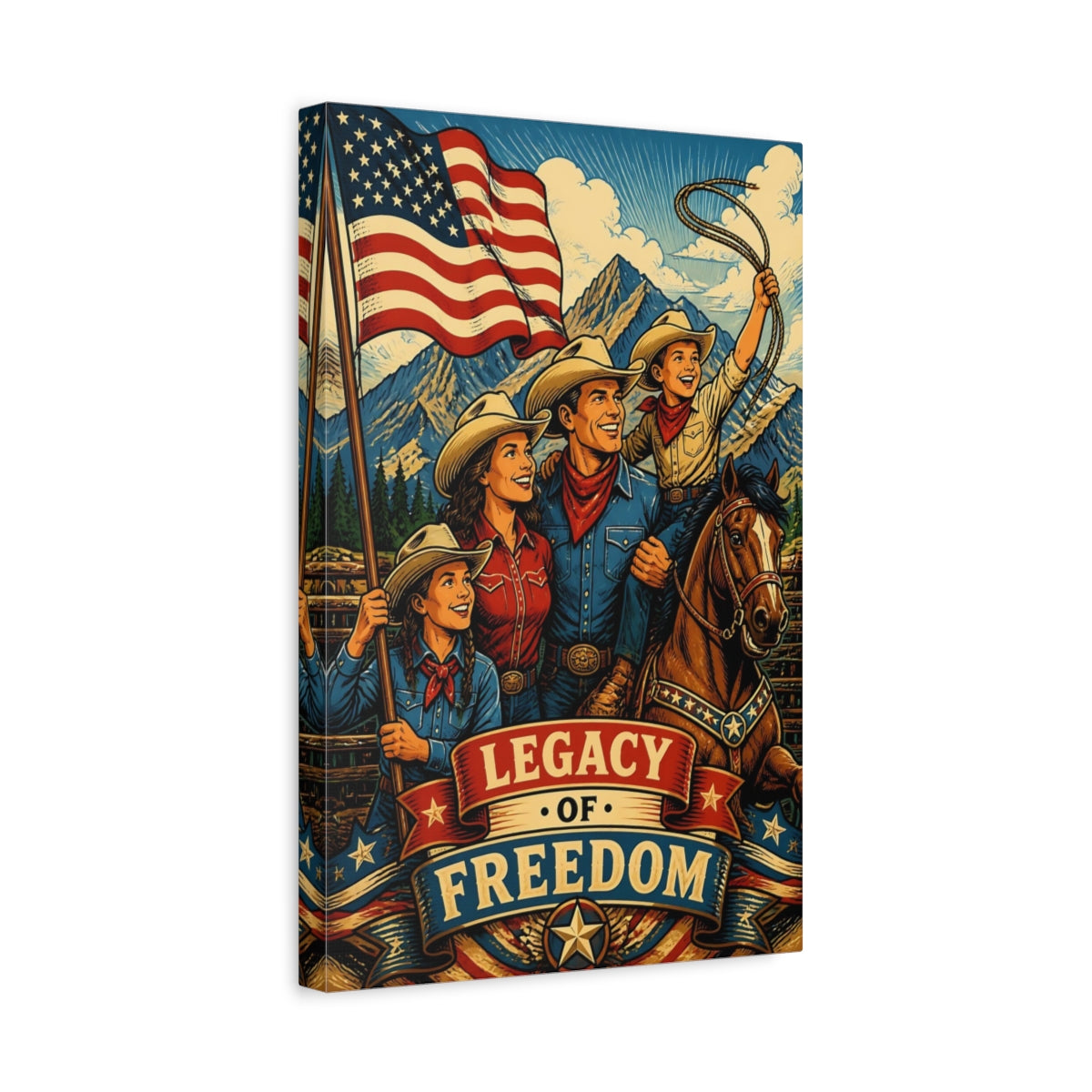 Side Mockup 4. Patriotic Cowboy Family shown as canvas print