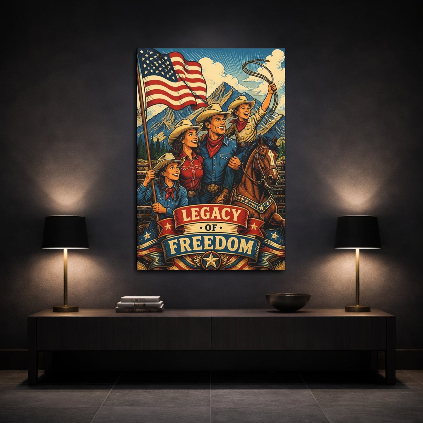 Mockup 3. Patriotic Cowboy Family shown as canvas print