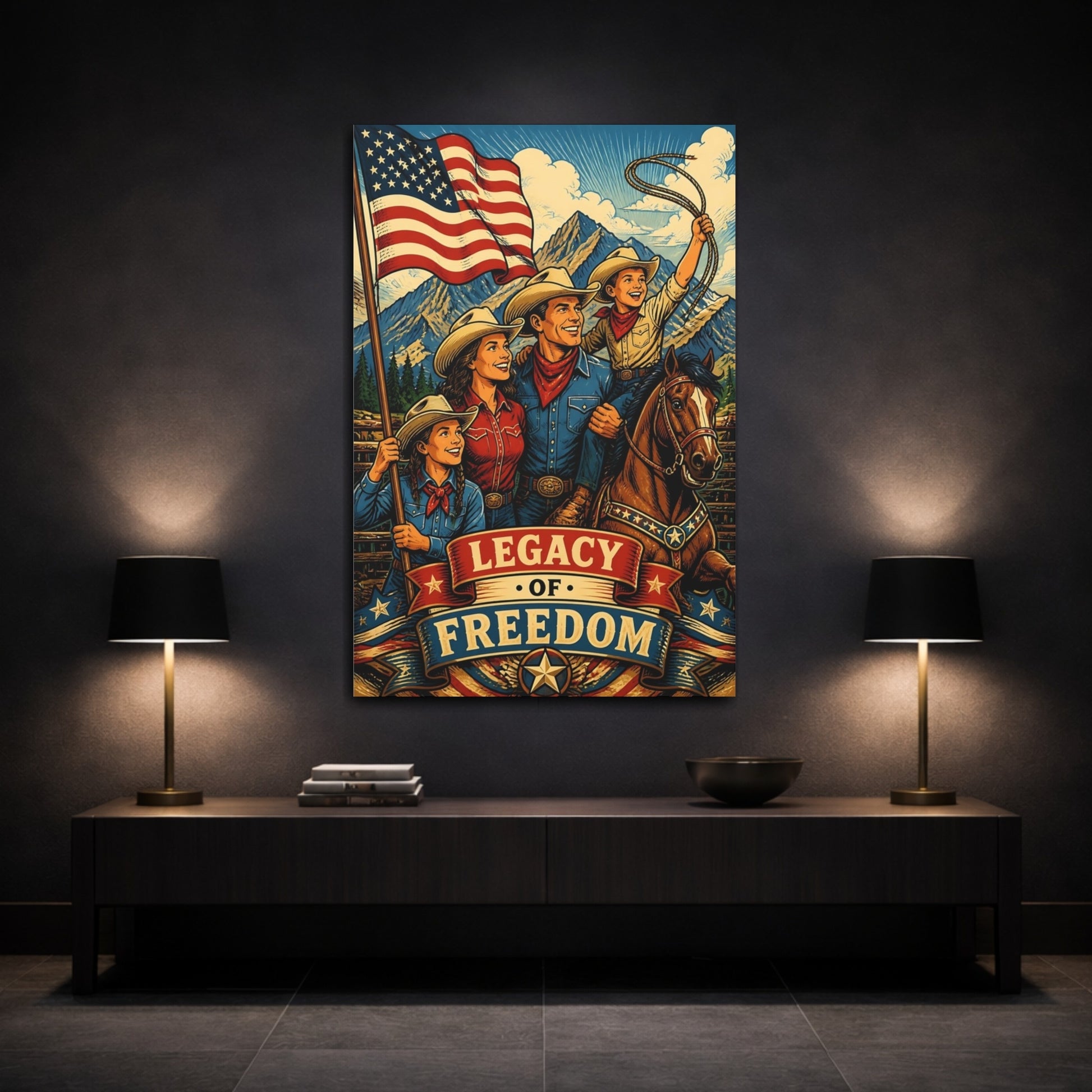 Mockup 3. Patriotic Cowboy Family shown as canvas print
