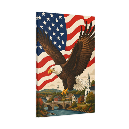 Main Mockup. Patriotic Eagle Over Hometown shown as canvas print