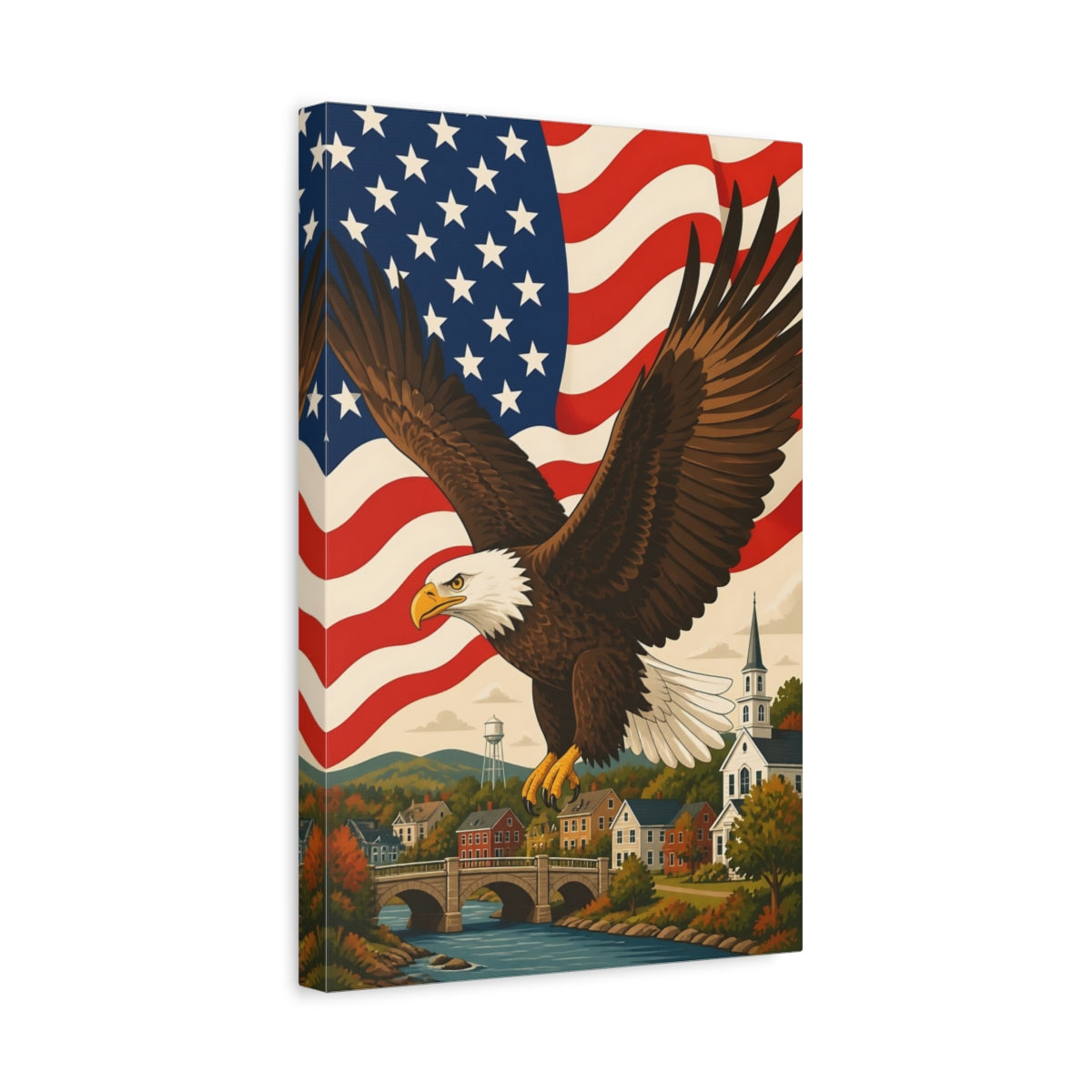 Side Mockup 4. Patriotic Eagle Over Hometown shown as canvas print