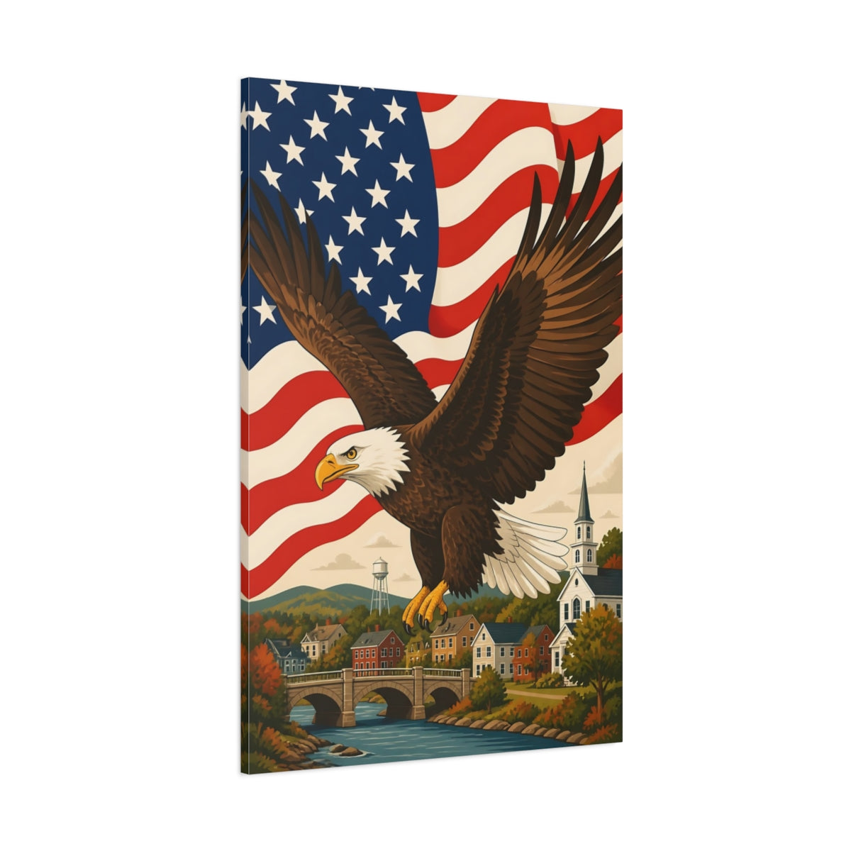 Side Mockup 1. Patriotic Eagle Over Hometown shown as canvas print