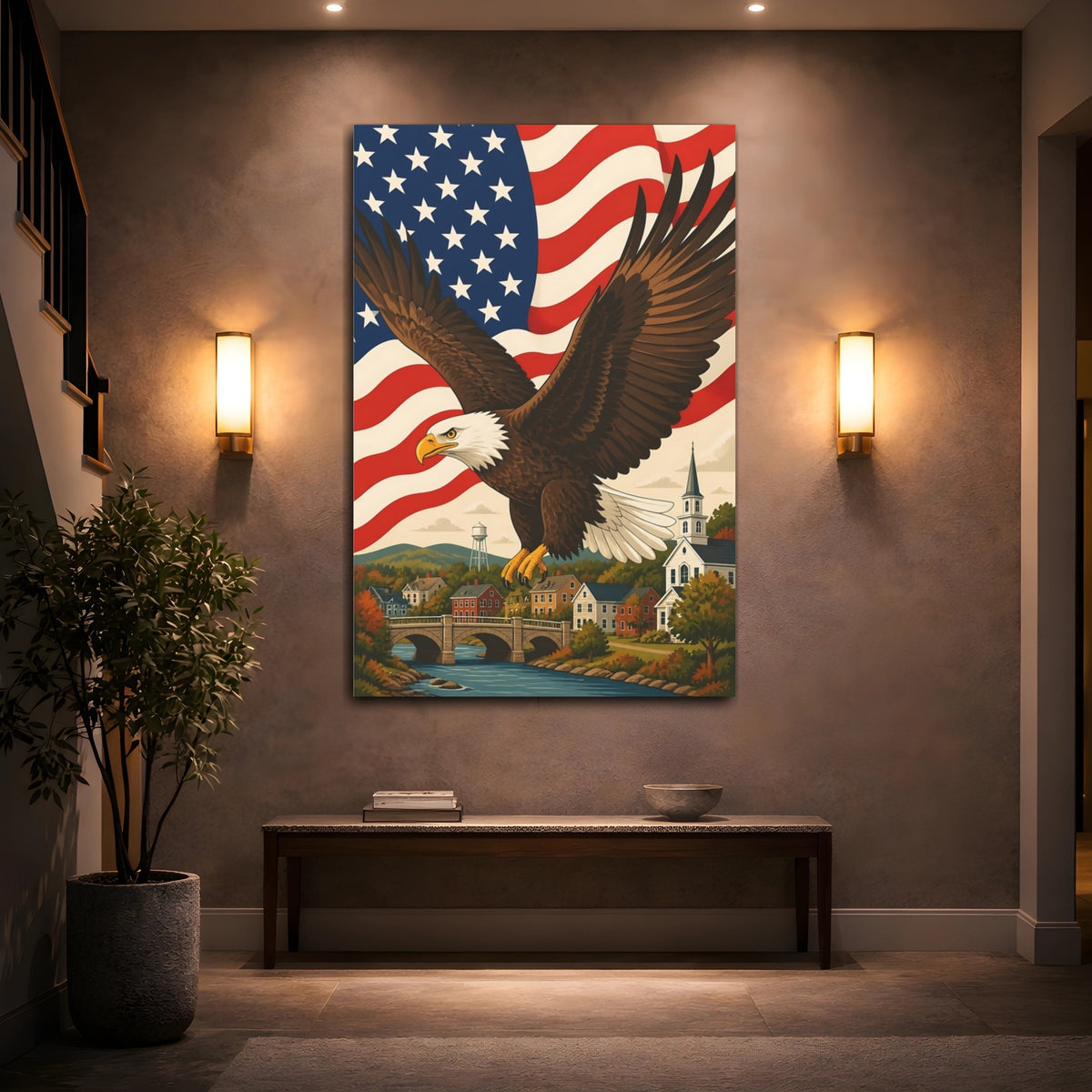Mockup 2. Patriotic Eagle Over Hometown shown as canvas print