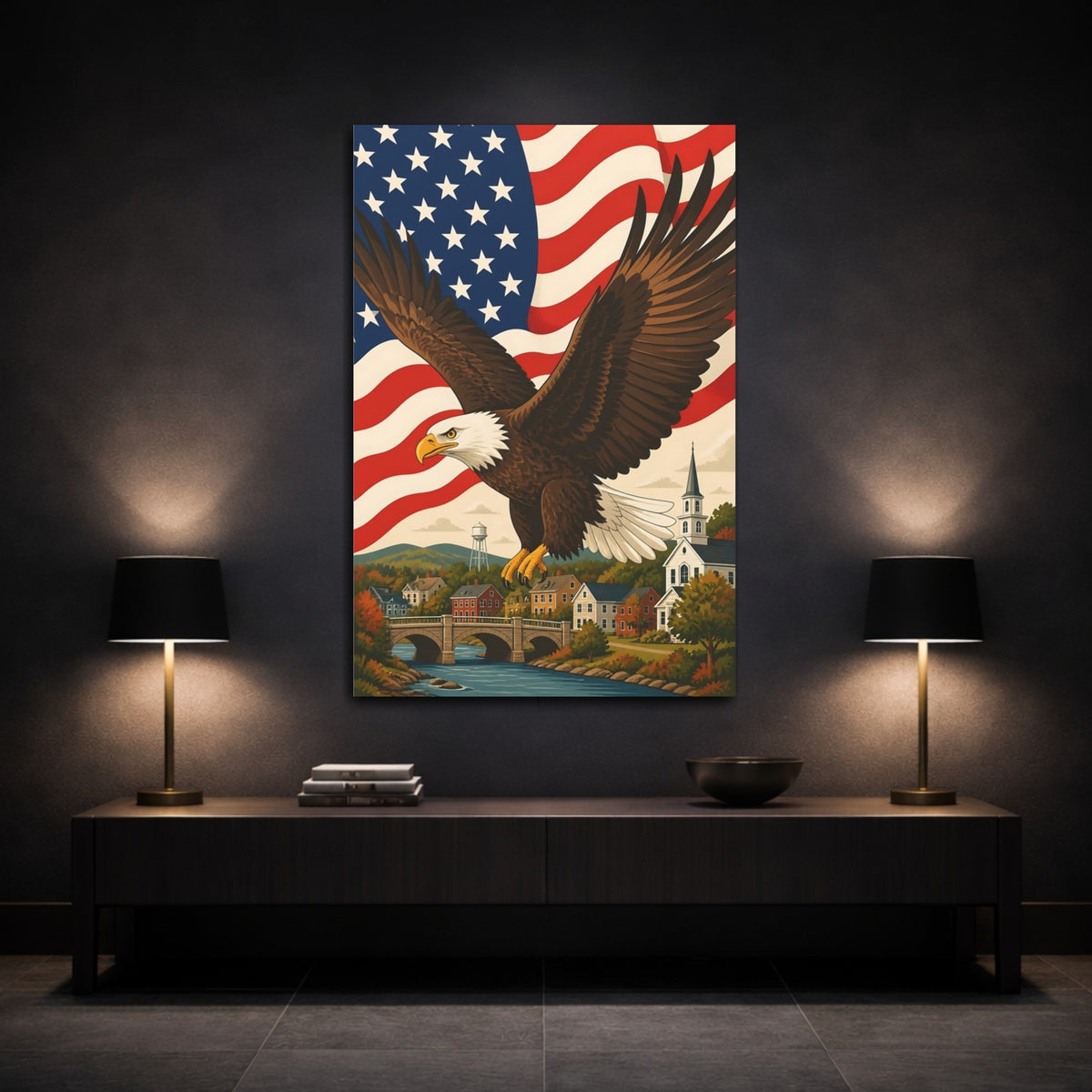 Mockup 3. Patriotic Eagle Over Hometown shown as canvas print
