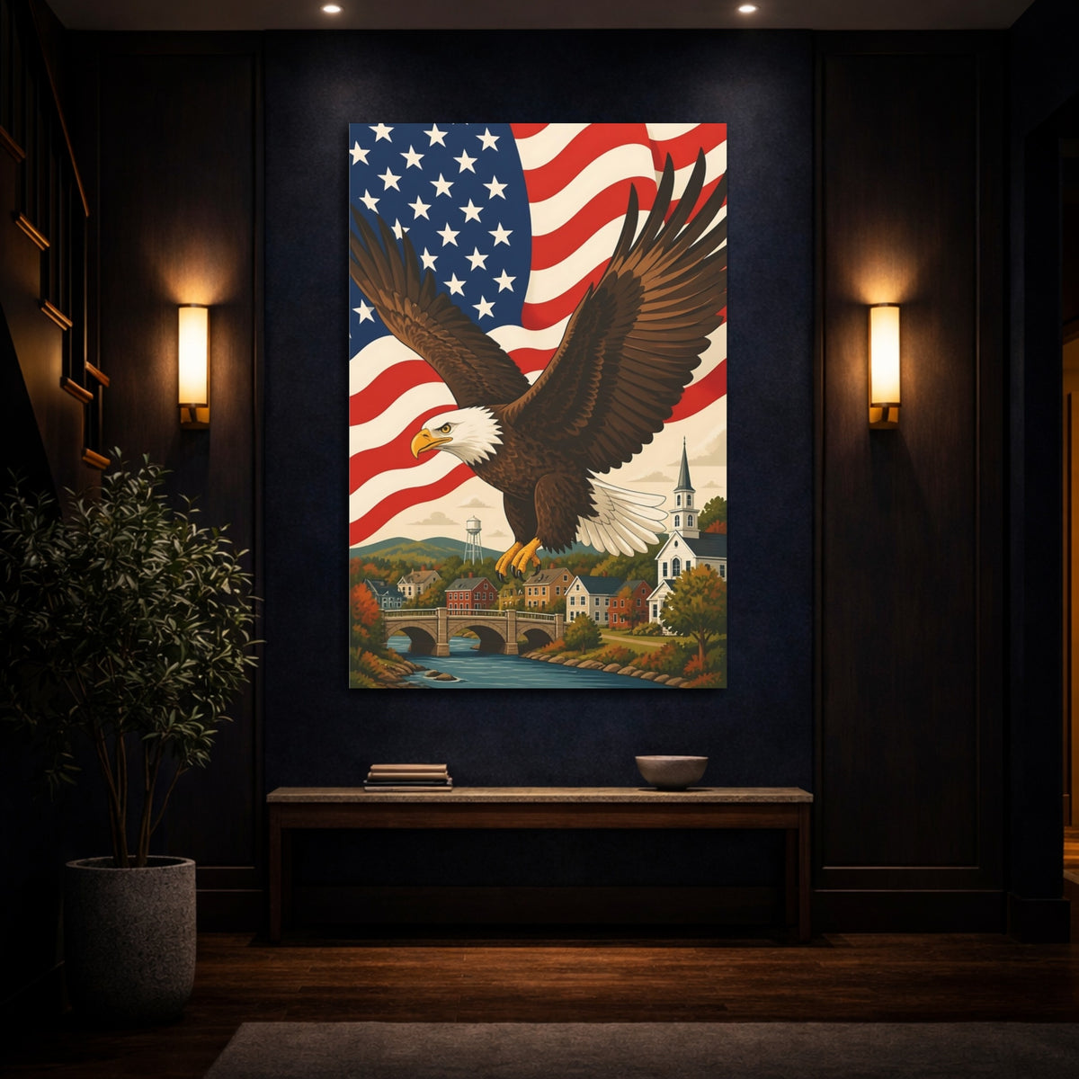 Mockup 4. Patriotic Eagle Over Hometown shown as canvas print