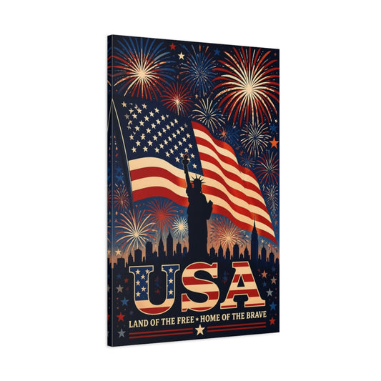 Main Mockup. Patriotic Fireworks Over Liberty shown as canvas print