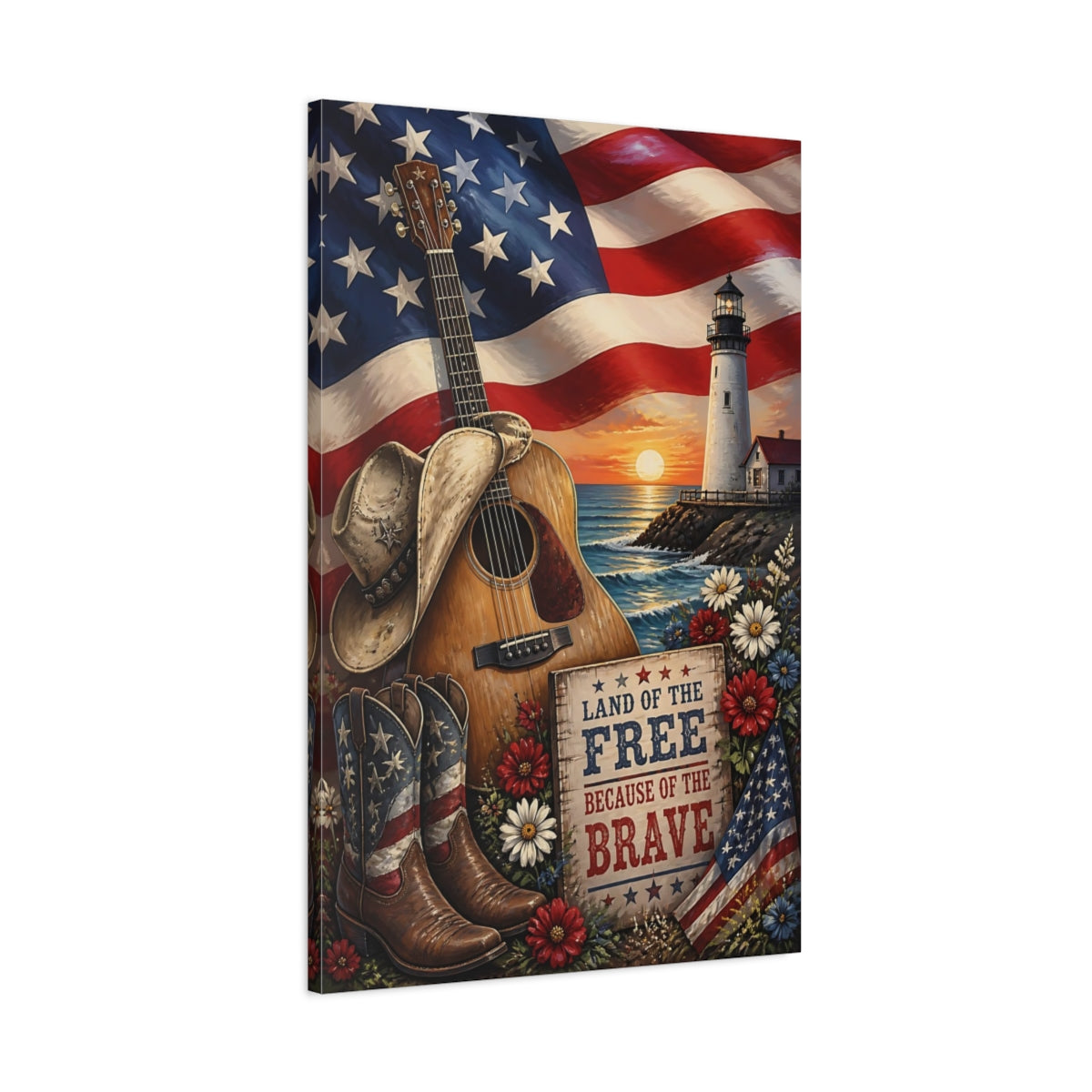 Main Mockup. Patriotic Guitar Scene shown as canvas print