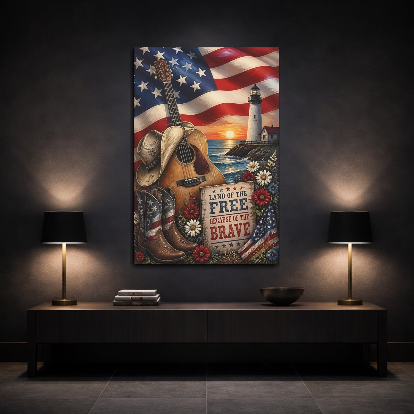 Mockup 3. Patriotic Guitar Scene shown as canvas print