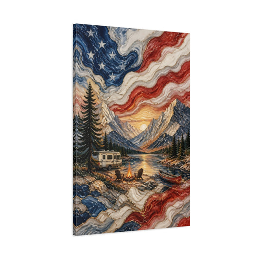 Main Mockup. Patriotic Mountain Campsite shown as canvas print