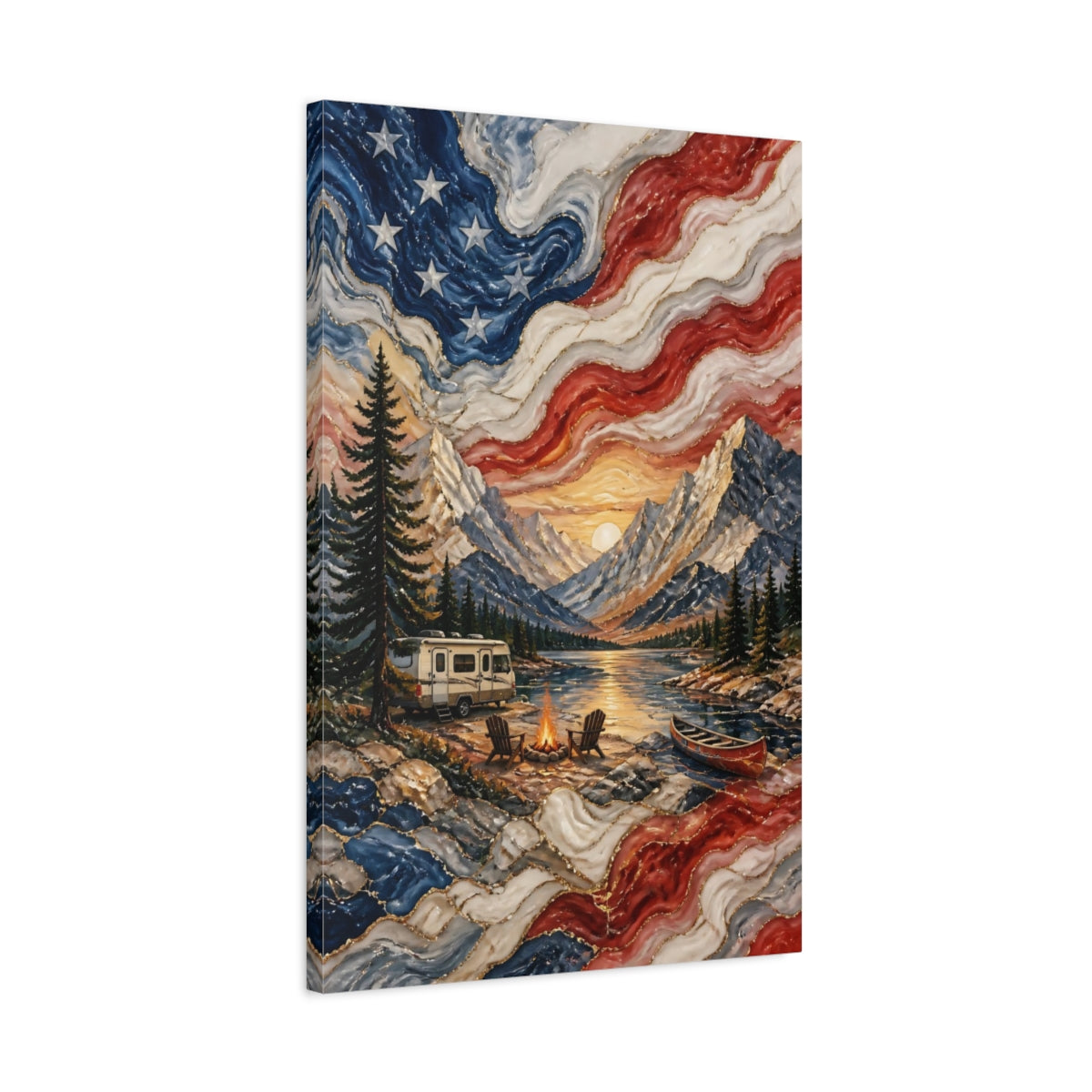 Side Mockup 2. Patriotic Mountain Campsite shown as canvas print