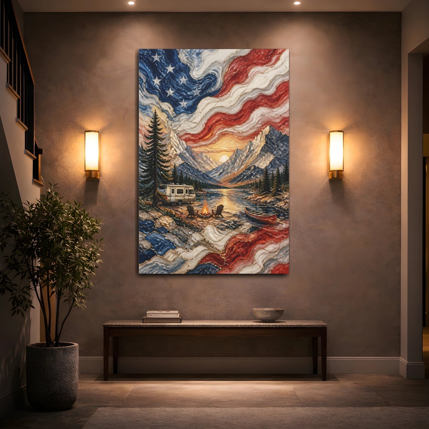 Mockup 2. Patriotic Mountain Campsite shown as canvas print