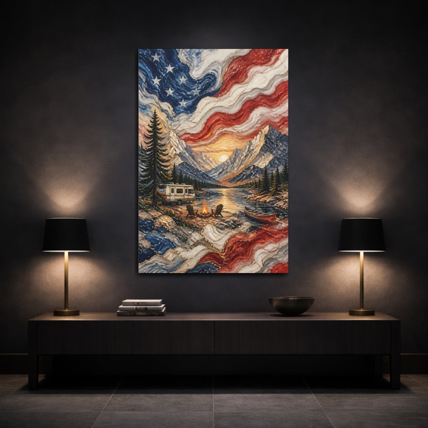 Mockup 3. Patriotic Mountain Campsite shown as canvas print