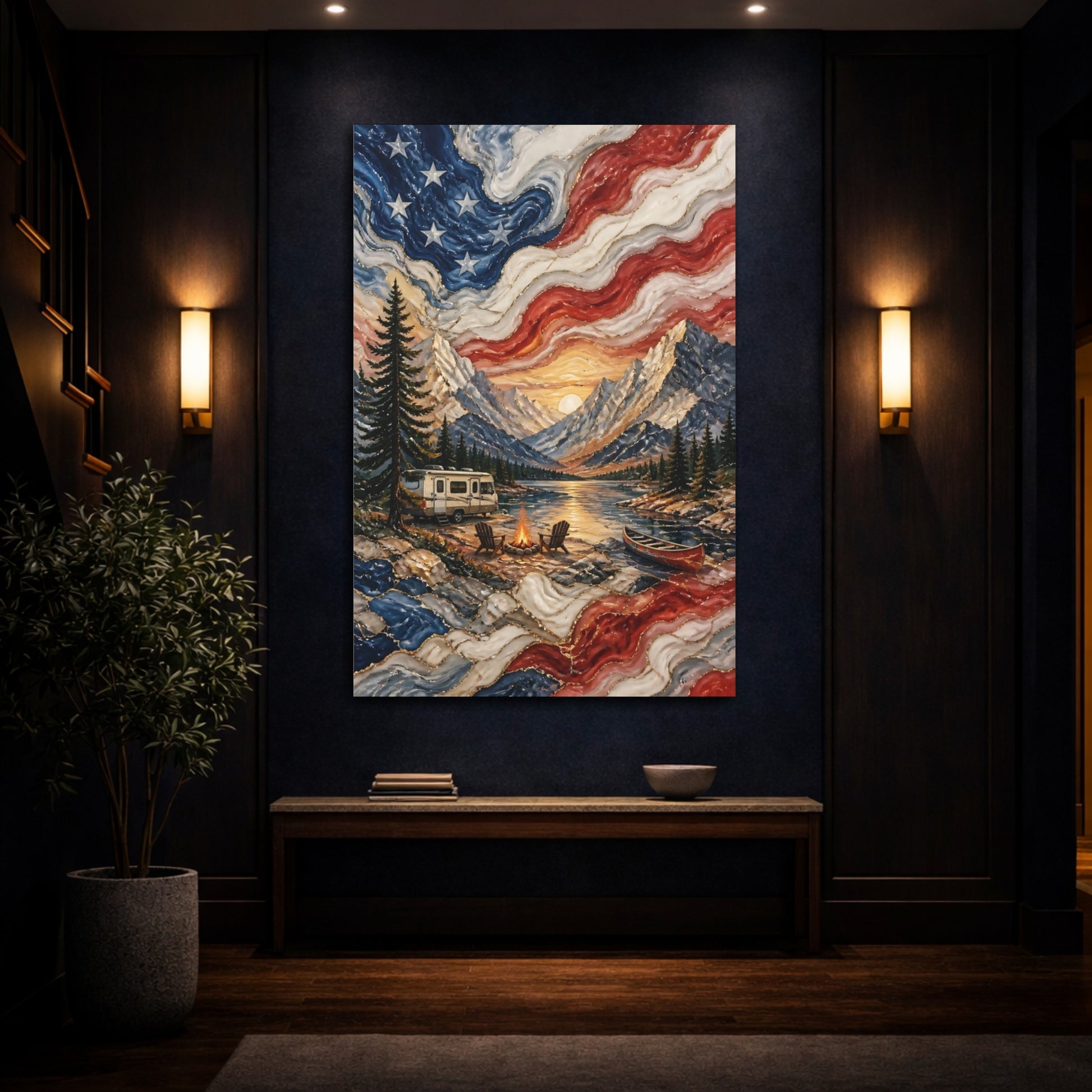 Mockup 4. Patriotic Mountain Campsite shown as canvas print