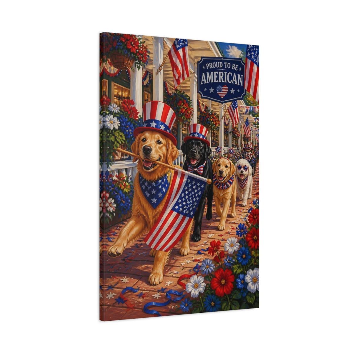 Main Mockup. Patriotic Parade Dogs shown as canvas print