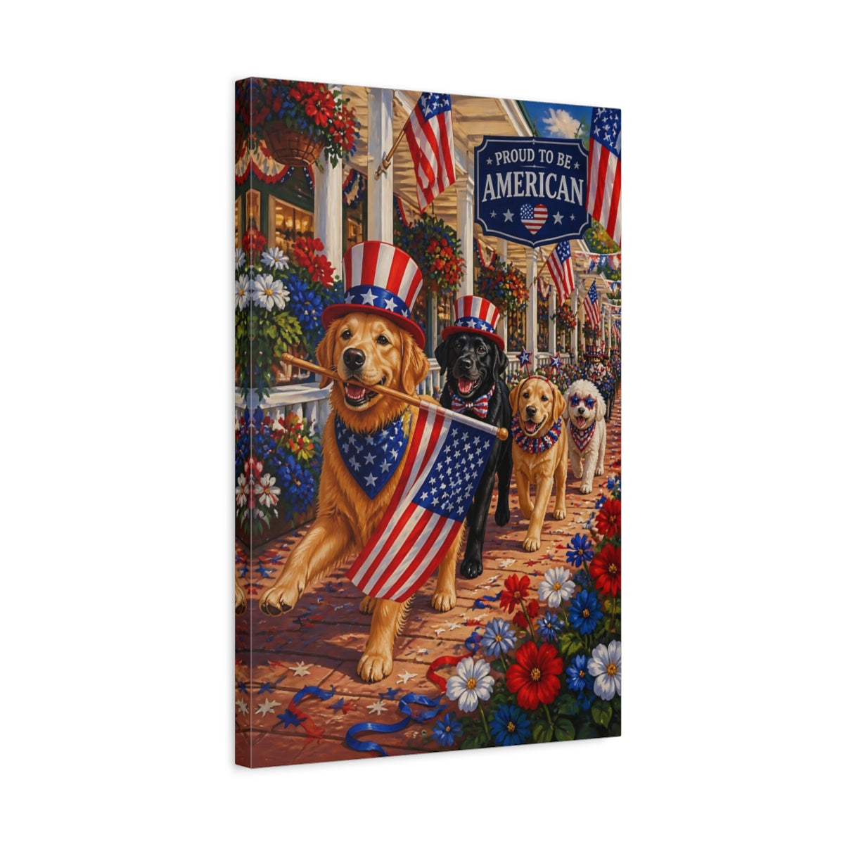 Side Mockup 3. Patriotic Parade Dogs shown as canvas print