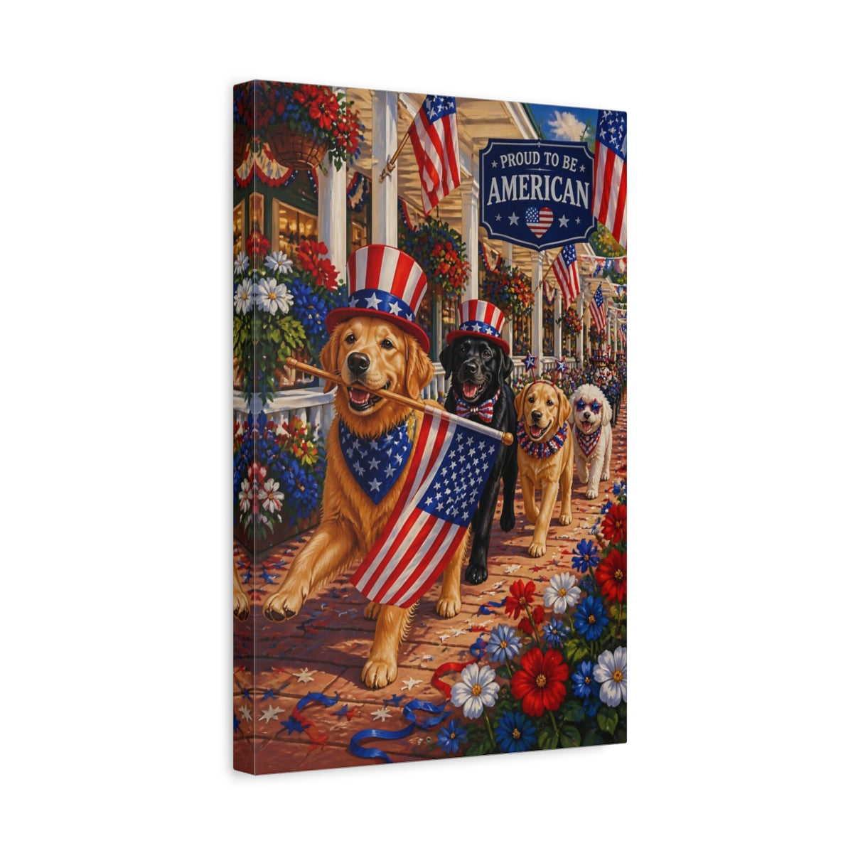 Side Mockup 4. Patriotic Parade Dogs shown as canvas print