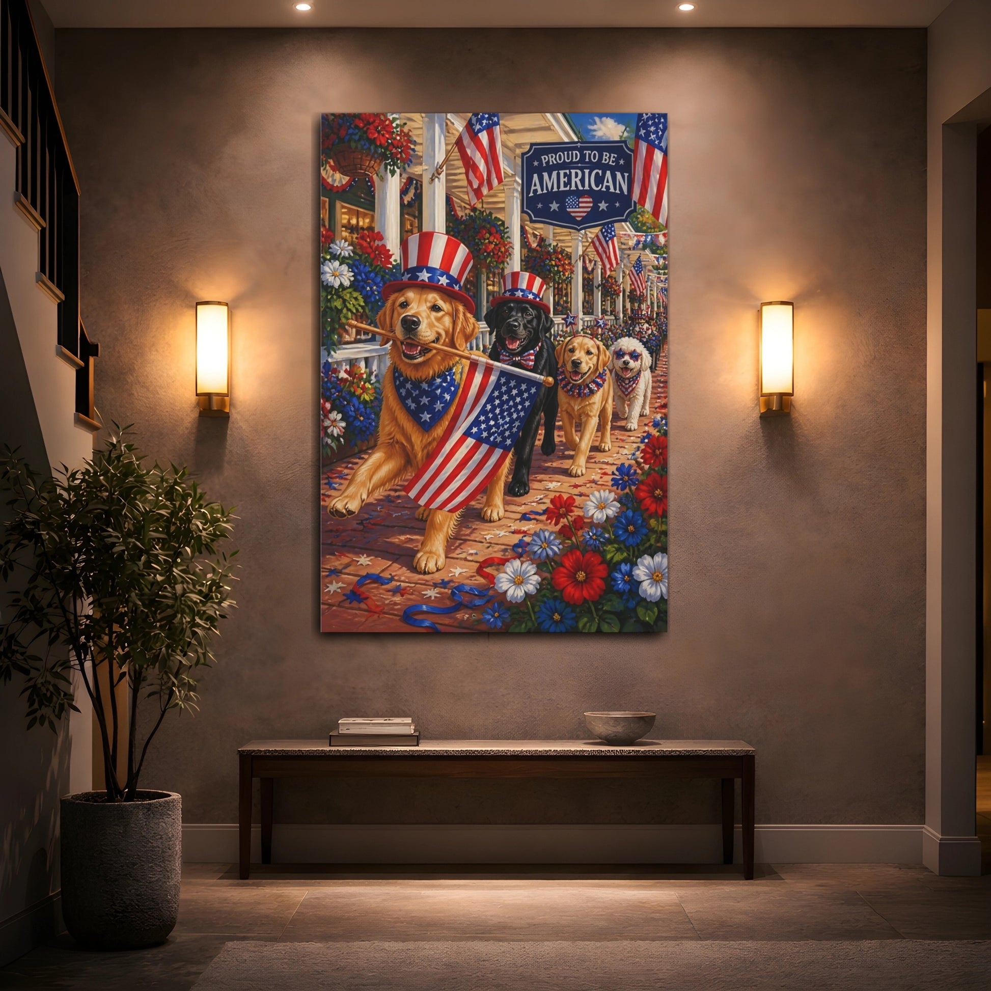 Mockup 2. Patriotic Parade Dogs shown as canvas print