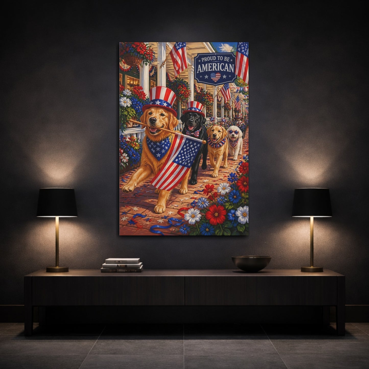 Mockup 3. Patriotic Parade Dogs shown as canvas print
