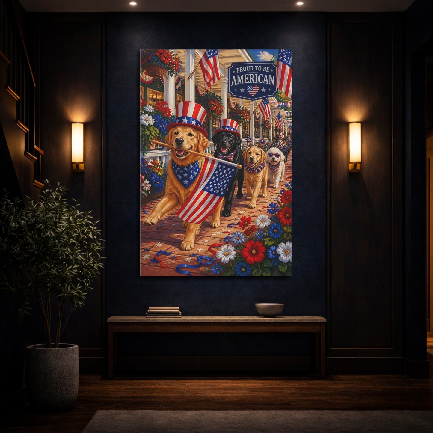Mockup 4. Patriotic Parade Dogs shown as canvas print