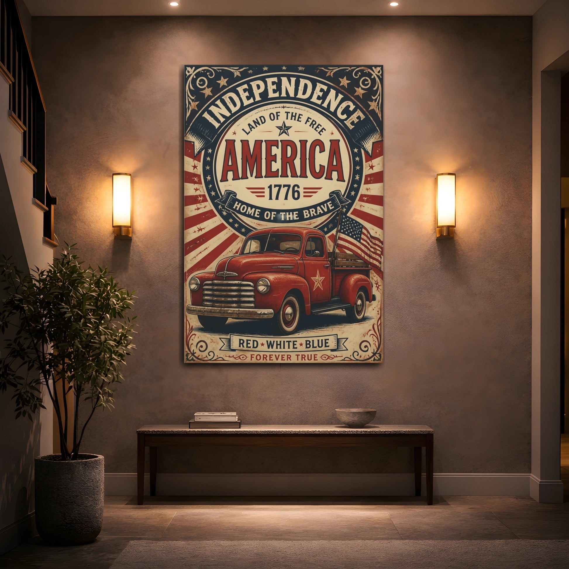 Mockup 2. Patriotic Red Truck shown as canvas print